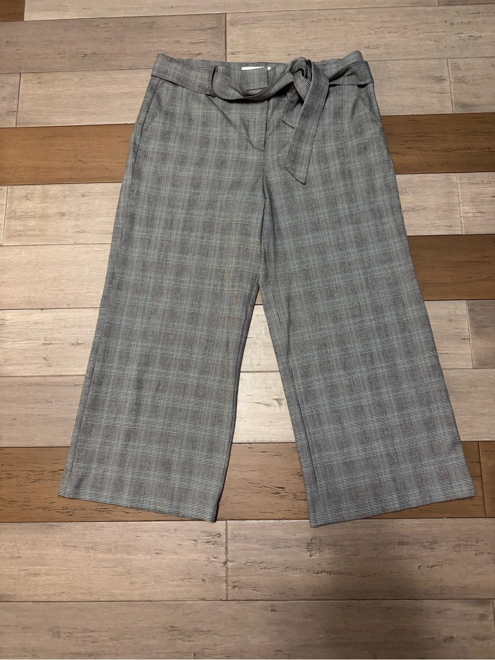 LOFT Gray Plaid Wide-Leg Crop Pants with Self-Tie Belt